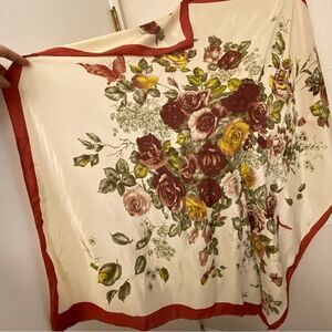 VINTAGE AUTHENTIC CHUN HUA FLORAL ROSE BUTTERFLY RED IVORY SILK 44" SQUARE SCARF
